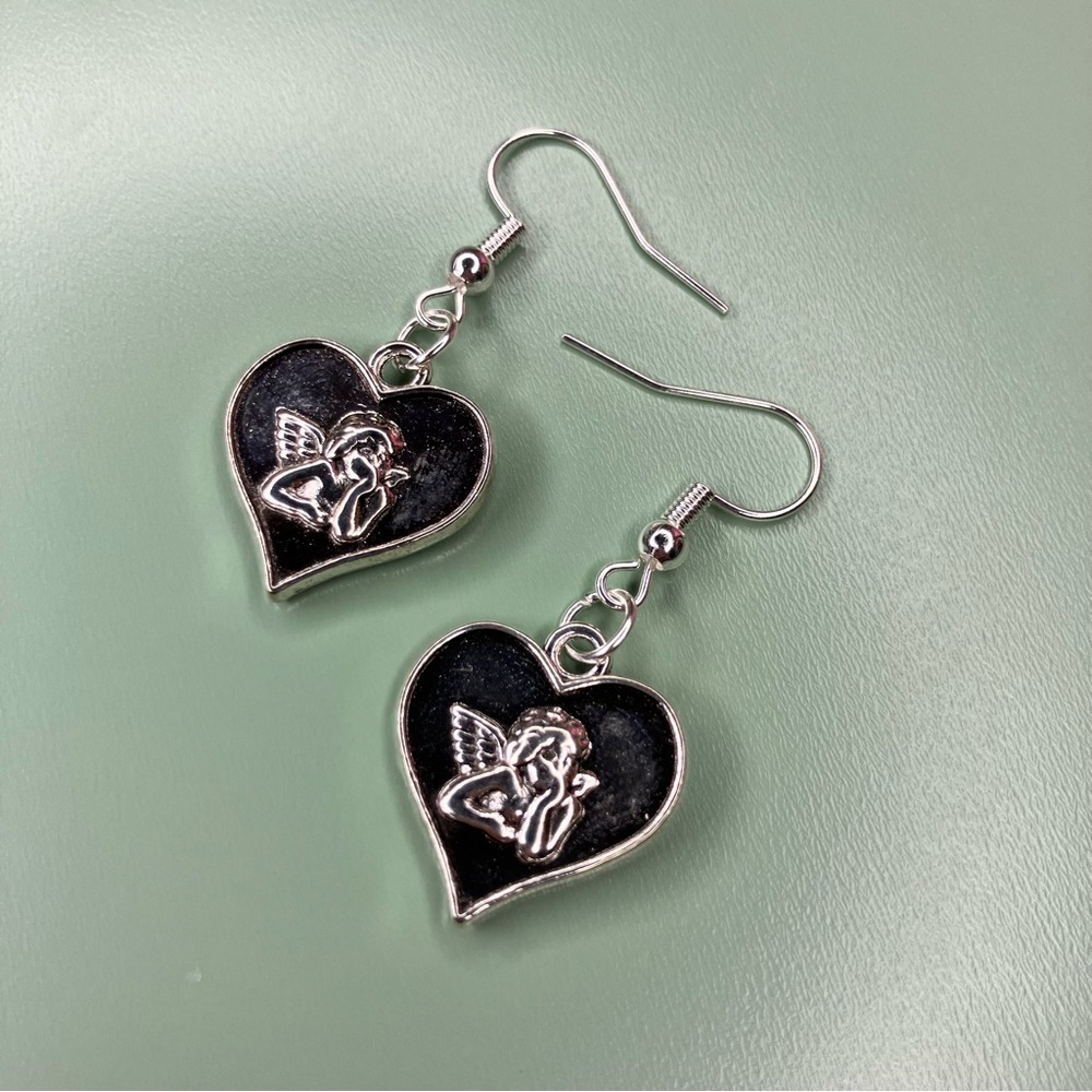 Silver Tone Angel Heart Charm Earrings